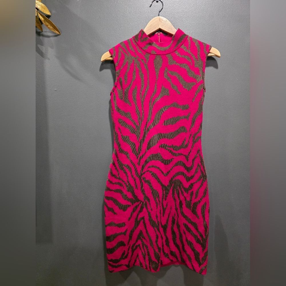 St. John Wildfire Sleeveless Mock Neck Body Con Dress Maroon Brown Zebra Print 4